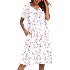 Ekouaer Nightgowns for Women Cotton Nightgown House Dress with Pockets Short Sleeve Mumu Dress Embroidered Lounge Dress(White Floral)