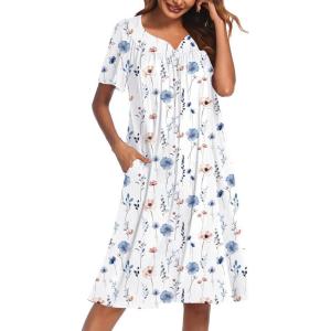 Ekouaer Nightgowns for Women Cotton Nightgown House Dress with Pockets Short Sleeve Mumu Dress Embroidered Lounge Dress(White Flowers)