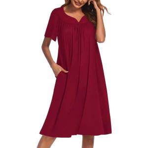 Ekouaer Nightgowns for Women Cotton Nightgown House Dress with Pockets Short Sleeve Mumu Dress Embroidered Lounge Dress(Wine Red)