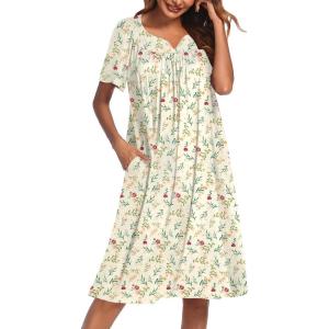 Ekouaer Nightgowns for Women Cotton Nightgown House Dress with Pockets Short Sleeve Mumu Dress Embroidered Lounge Dress(Yellow Floral)