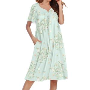 Ekouaer Nightgowns for Women Short Sleeve House Dress with Pockets Soft Moomoo Pleated Mumu Dresses V Neck Sleepwear(Green Floral)
