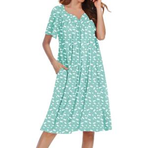 Ekouaer Nightgowns for Women Short Sleeve House Dress with Pockets Soft Moomoo Pleated Mumu Dresses V Neck Sleepwear(Green Flower)