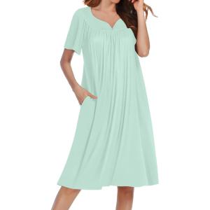 Ekouaer Nightgowns for Women Short Sleeve House Dress with Pockets Soft Moomoo Pleated Mumu Dresses V Neck Sleepwear(Light Green)