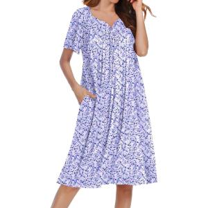 Ekouaer Nightgowns for Women Short Sleeve House Dress with Pockets Soft Moomoo Pleated Mumu Dresses V Neck Sleepwear(Purple Floral)