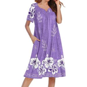 Ekouaer Nightgowns for Women Short Sleeve House Dress with Pockets Soft Moomoo Pleated Mumu Dresses V Neck Sleepwear(Purple White Flower)