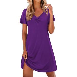Ekouaer Nightgowns for Women Short Sleeve Night Gown Comfy Sleep Shirt Soft Sleep Dress Pleated Sleepwear(Deep Purple)