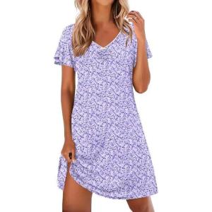 Ekouaer Nightgowns for Women Short Sleeve Night Gown Comfy Sleep Shirt Soft Sleep Dress Pleated Sleepwear(Purple Polka Dots)