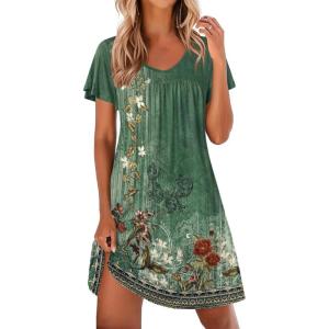 Ekouaer Nightgowns for Women Short Sleeve Sleep Shirts Pleated Night Dress V Neck Night Shirts Soft House Dress(Green Floral)