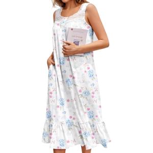 Ekouaer Nightgowns for Women Sleeveless Night Gown Victorian Sleep Shirt with Pockets Ladies Pajamas Lace Trim Sleepwear(Purple Flowers)