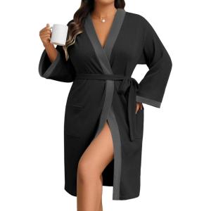 Ekouaer Plus Size Robe for Women Waffle Knit Bathrobe Short Lightweight Kimono Robes with Pockets Maternity Robe S-XXL(Black)