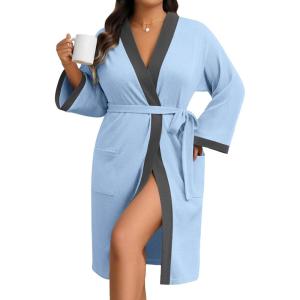 Ekouaer Plus Size Robe for Women Waffle Knit Bathrobe Short Lightweight Kimono Robes with Pockets Maternity Robe S-XXL(Light Blue)