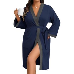 Ekouaer Plus Size Robe for Women Waffle Knit Bathrobe Short Lightweight Kimono Robes with Pockets Maternity Robe S-XXL(Navy Blue)