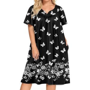 Ekouaer Plus Women’s Plus Size Mumu Dress Short Sleeve House Dress Momo Sleepdress with Pockets(Black Print)