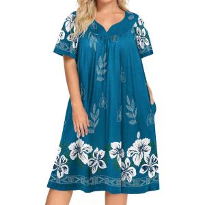 Ekouaer Plus Women’s Plus Size Mumu Dress Short Sleeve House Dress Momo Sleepdress with Pockets(Blue Flower)