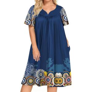 Ekouaer Plus Women’s Plus Size Mumu Dress Short Sleeve House Dress Momo Sleepdress with Pockets(Dark Blue Print)
