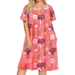 Ekouaer Plus Women’s Plus Size Mumu Dress Short Sleeve House Dress Momo Sleepdress with Pockets(Pink Print)