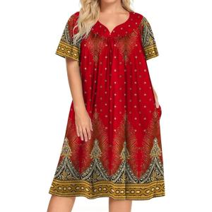 Ekouaer Plus Women’s Plus Size Mumu Dress Short Sleeve House Dress Momo Sleepdress with Pockets(Red Print)