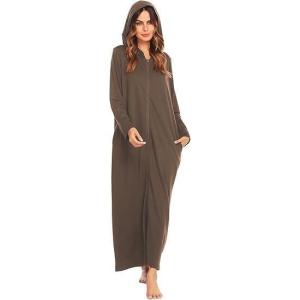 Ekouaer Robe for Women Zipper Robe Loungewear Full Length Sleepwear Pockets Housecoat Casual Straight Robe S-XXL(Khaki)