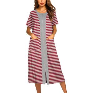 Ekouaer Robes For Women Zipper Front Bathrobe Short Sleeve House Coat Long Nightgown With Pockets Soft Loungewear(Red)