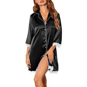 Ekouaer Satin Nightgowns for Women Button Down Sleepshirt 3/4 Sleeve Nightshirts Boyfriend Sleepwear(Black)
