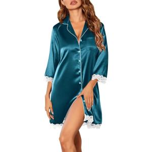 Ekouaer Satin Nightgowns for Women Button Down Sleepshirt 3/4 Sleeve Nightshirts Boyfriend Sleepwear(Dark Blue)