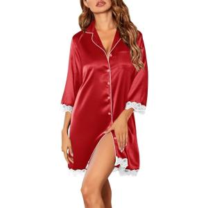 Ekouaer Satin Nightgowns for Women Button Down Sleepshirt 3/4 Sleeve Nightshirts Boyfriend Sleepwear(Red)