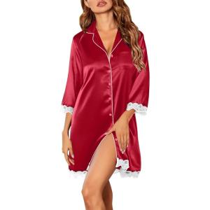 Ekouaer Satin Nightgowns for Women Button Down Sleepshirt 3/4 Sleeve Nightshirts Boyfriend Sleepwear(Wine Red)