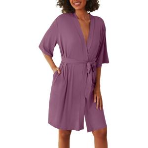 Ekouaer Short Robes for Women Lightweight Kimono Robes Knit Bathrobe Soft Sleepwear with Pockets S-XXL(Dark Purple)