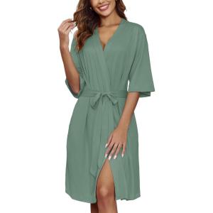 Ekouaer Short Robes for Women Lightweight Kimono Robes Knit Bathrobe Soft Sleepwear with Pockets S-XXL(Gray Green)