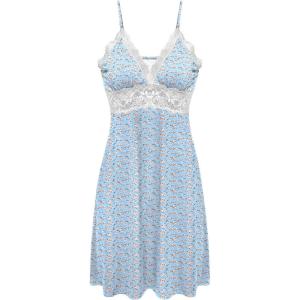 Ekouaer Sleepwear Womens Chemise Nightgown Full Slip Lace Lounge Dress(Blue Flower)