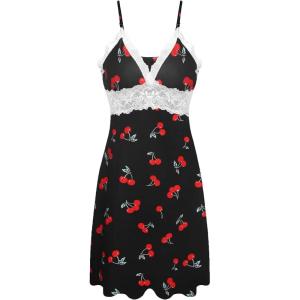 Ekouaer Sleepwear Womens Chemise Nightgown Full Slip Lace Lounge Dress(Cherry Print)
