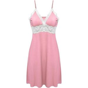 Ekouaer Sleepwear Womens Chemise Nightgown Full Slip Lace Lounge Dress(Pink)