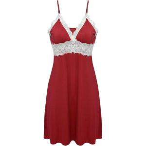 Ekouaer Sleepwear Womens Chemise Nightgown Full Slip Lace Lounge Dress(Red)