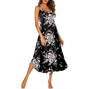 Ekouaer Sleeveless Nightgowns for Women Long Night Gown Pleated Full Length Sleepwear Tank Sleep Dress Slit Dress S-2XL(Black Flower)