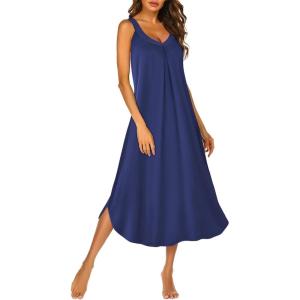 Ekouaer Sleeveless Nightgowns for Women Long Night Gown Pleated Full Length Sleepwear Tank Sleep Dress Slit Dress S-2XL(Navy Blue)