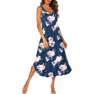 Ekouaer Sleeveless Nightgowns for Women Long Night Gown Pleated Full Length Sleepwear Tank Sleep Dress Slit Dress S-2XL(Navy Blue Flowers)