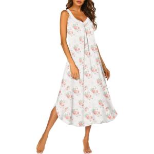 Ekouaer Sleeveless Nightgowns for Women Long Night Gown Pleated Full Length Sleepwear Tank Sleep Dress Slit Dress S-2XL(Pink Flower)