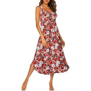 Ekouaer Sleeveless Nightgowns for Women Long Night Gown Pleated Full Length Sleepwear Tank Sleep Dress Slit Dress S-2XL(Red Flower)