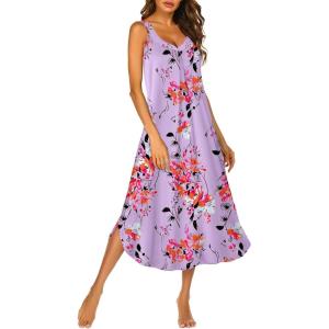 Ekouaer Sleeveless Nightgowns for Women Long Night Gown Pleated Full Length Sleepwear Tank Sleep Dress Slit Dress S-2XL(White Flowers)