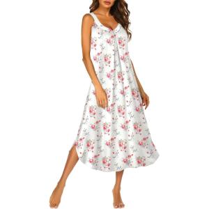Ekouaer Sleeveless Nightgowns for Women Long Night Gown Pleated Full Length Sleepwear Tank Sleep Dress Slit Dress S-2XL(White Peach)