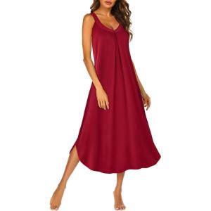 Ekouaer Sleeveless Nightgowns for Women Long Night Gown Pleated Full Length Sleepwear Tank Sleep Dress Slit Dress S-2XL(Wine Red)