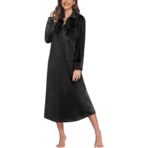 Ekouaer Women Flannel Nightgown Full Length Boyfriend Nightshirt Plaid Long Sleep Dress with Button Loungewear S-XXXL(Black)