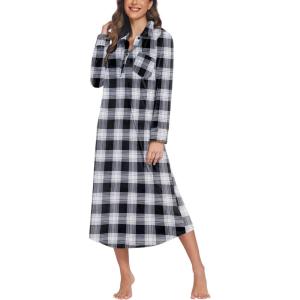 Ekouaer Women Flannel Nightgown Full Length Boyfriend Nightshirt Plaid Long Sleep Dress with Button Loungewear S-XXXL(Black Plaid)
