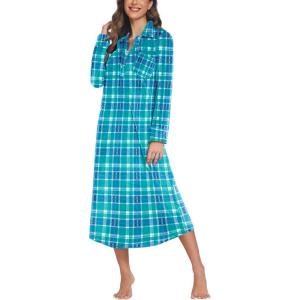 Ekouaer Women Flannel Nightgown Full Length Boyfriend Nightshirt Plaid Long Sleep Dress with Button Loungewear S-XXXL(Blue & Green Plaid)