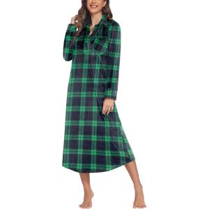 Ekouaer Women Flannel Nightgown Full Length Boyfriend Nightshirt Plaid Long Sleep Dress with Button Loungewear S-XXXL(Green Plaid)