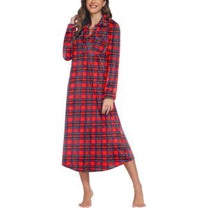 Ekouaer Women Flannel Nightgown Full Length Boyfriend Nightshirt Plaid Long Sleep Dress with Button Loungewear S-XXXL(Red Plaid)