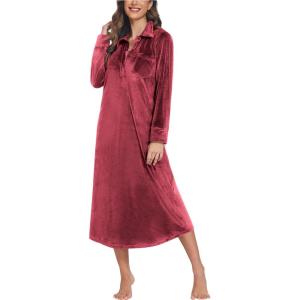 Ekouaer Women Flannel Nightgown Full Length Boyfriend Nightshirt Plaid Long Sleep Dress with Button Loungewear S-XXXL(Wine Red)