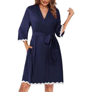 Ekouaer Women Kimono Robe 3/4 Sleeves Loungewear Dress Knee Length Sleepwear Pockets Housecoat Short Bathrobe S-XXL(C-navy Blue)