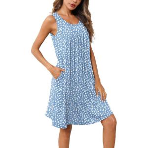 Ekouaer Women Nightgown with Pockets Sleep Shirts Sleeveless Sleepwear Pleated Front Nightshirt Round Neck Nightdress(Blue White Florals)