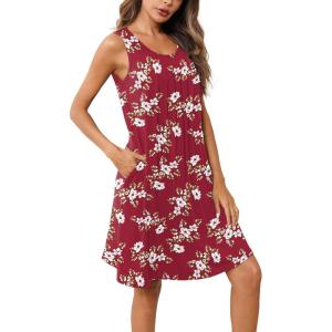 Ekouaer Women Nightgown with Pockets Sleep Shirts Sleeveless Sleepwear Pleated Front Nightshirt Round Neck Nightdress(Wine Red White Flower)